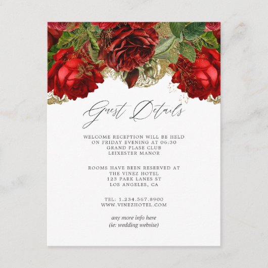 Burgundy Rood en Goud Oude Rozen Gastdetails Informatiekaartje (Voorkant)