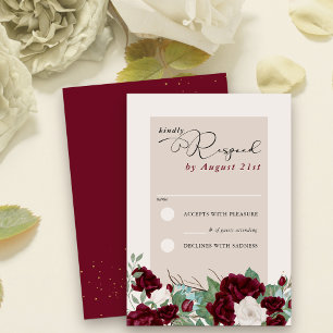 Burgundy Rood en Ivoren Roos Elegante Bloem RSVP Kaartje