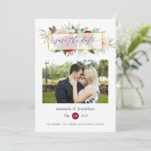 Burgundy Rood en Wit Bloemmotief Geometrische Trou Save The Date (Staand voorkant)