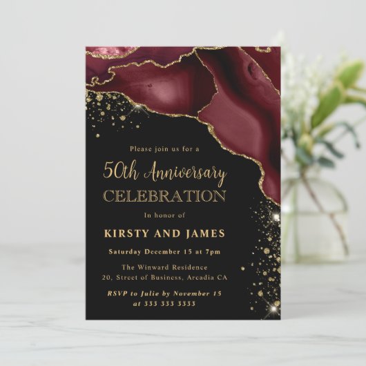 Burgundy Rood & Goud Glitter Agate 50ste Verjaarda Kaart (Staand voorkant)