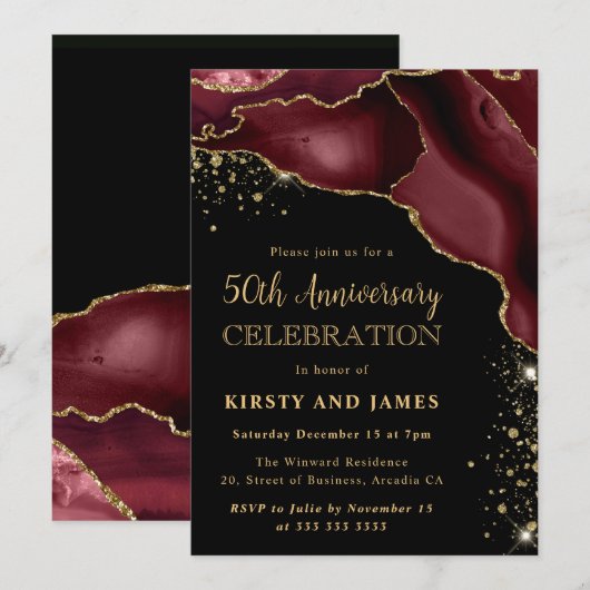 Burgundy Rood & Goud Glitter Agate 50ste Verjaarda Kaart (Voorkant / Achterkant)