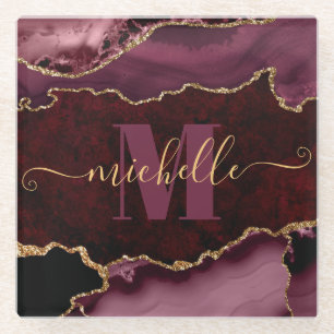 Burgundy Rood & Goud Glitter Marmer Agate Monogram Glazen Onderzetter