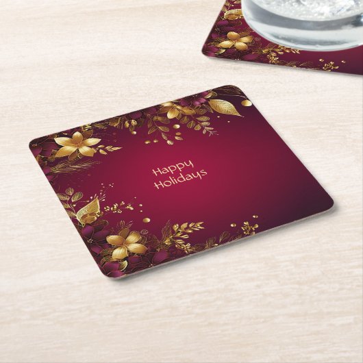 Burgundy Rood Gouden Bloemen Kerst Papier Onderzet Kartonnen Onderzetters (Schuin)