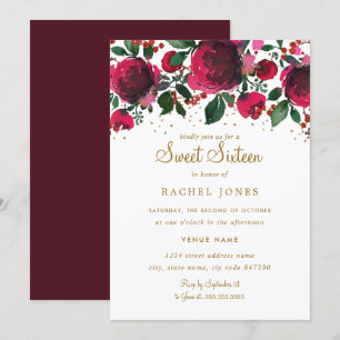 Burgundy Rood Gouden Bloemige Sweet Sixteen Verjaa Kaart