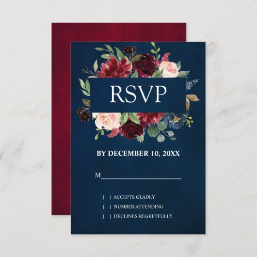 Burgundy Rood Navy Bloem Boho Bruiloft RSVP (Voorkant / Achterkant)