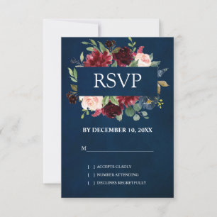 Burgundy Rood Navy Bloem Boho Bruiloft RSVP Kaartje