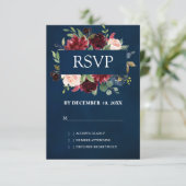 Burgundy Rood Navy Bloem Boho Bruiloft RSVP Kaartje (Staand voorkant)