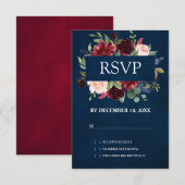 Burgundy Rood Navy Bloem Boho Bruiloft RSVP Kaartje (Voorkant / Achterkant)