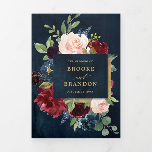 Burgundy Rood Navy Goud Drievoudig Huwelijksuitnod Drieluik Aankondiging (Cover)