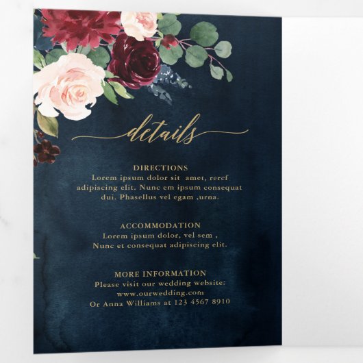 Burgundy Rood Navy Goud Drievoudig Huwelijksuitnod Drieluik Aankondiging (Binnenzijde eerst)