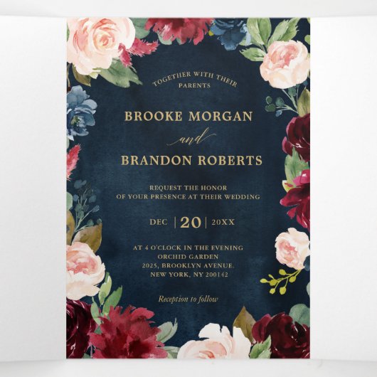 Burgundy Rood Navy Goud Drievoudig Huwelijksuitnod Drieluik Aankondiging (Binnenkant midden)