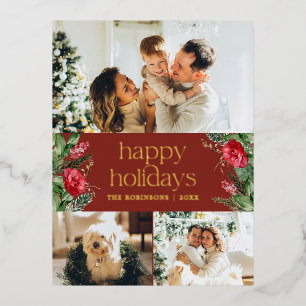 Burgundy Rood Winter Botanisch Loof 3 Foto Goud Folie Feestdagen Briefkaart