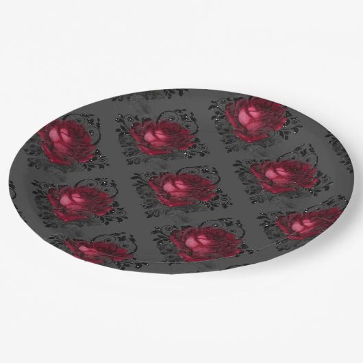 Burgundy Roos Elegant Gotisch Patroon | Halloween Papieren Bordje (Gekanteld)