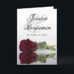 Burgundy Roos Elegant Romantic Foto Weddenschap<br><div class="desc">Deze prachtige trouwuitnodigingen zijn voorzien van een verbluffend design met één enkele bogundy, maroon of wijnrood gekleurd roos dat in water reflecteert met golven en rimpels. De voorzijde toont de eerste namen van het paar in fancy manuscript het schrijven. Binnen is ruimte voor de foto van het stel samen met...</div>