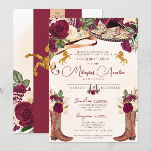 Burgundy Roos Elegant Western Charro Quinceañera Kaart