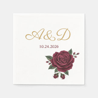 Burgundy Roos en Gouden Folie Trouw Monogram Serve Servet