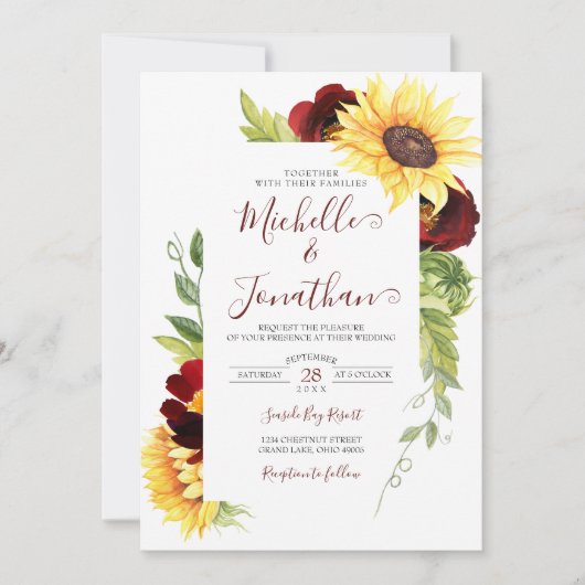 Burgundy Roos en Sunflower Wedding Invitation Kaart (Voorkant)
