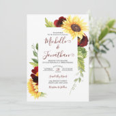 Burgundy Roos en Sunflower Wedding Invitation Kaart (Staand voorkant)