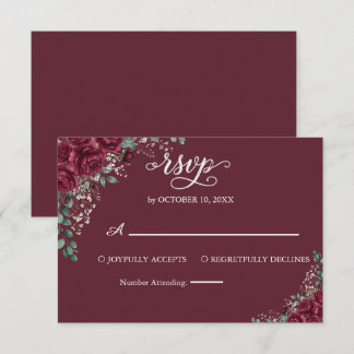 Burgundy Roos Eucalyptus Huwelijk RSVP Reactie Kaartje