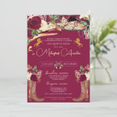 Burgundy Roos Fancy Mariachi Charro Quinceanera Kaart (Staand voorkant)