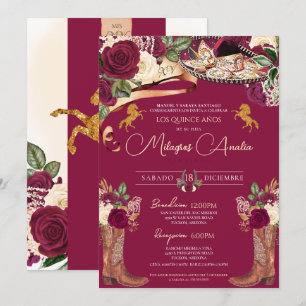Burgundy Roos Fancy Mariachi Charro Quinceanera Kaart