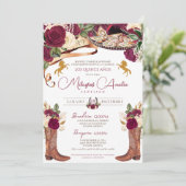 Burgundy Roos Fancy Western Charro Quinceanera Kaart (Staand voorkant)