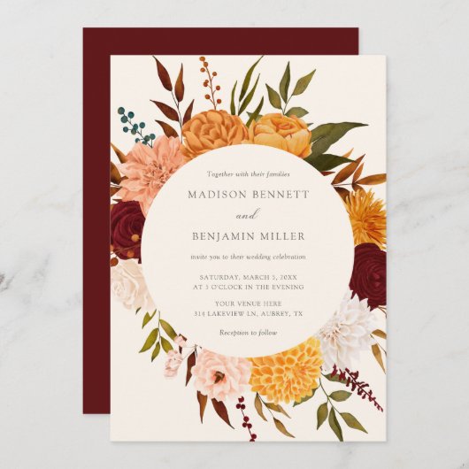 Burgundy Roos Floral Fall Wedding Invitation Kaart (Voorkant / Achterkant)