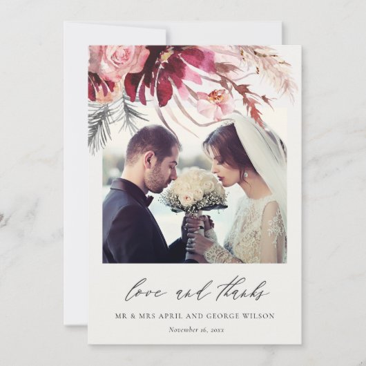 Burgundy Roos Floral Pampas Grass Foto Weddenschap Bedankkaart (Voorkant)