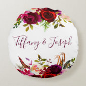 Burgundy Roos Floral Waterverf Wedding Rond Kussen (Voorkant)