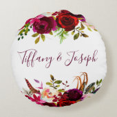 Burgundy Roos Floral Waterverf Wedding Rond Kussen (Achterkant)