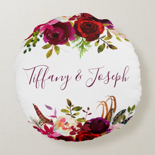 Burgundy Roos Floral Waterverf Wedding Rond Kussen (Achterkant)