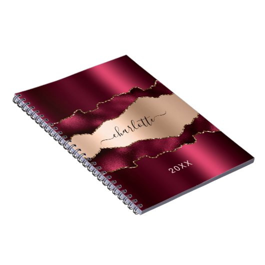 Burgundy roos gold agate marble name script notitieboek (Rechterzijde)