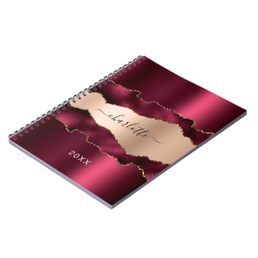 Burgundy roos gold agate marble name script notitieboek (Linkerzijde)