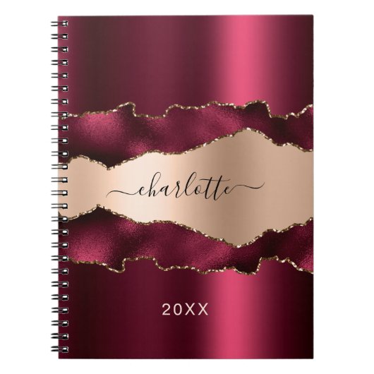 Burgundy roos gold agate marble name script notitieboek (Voorkant)