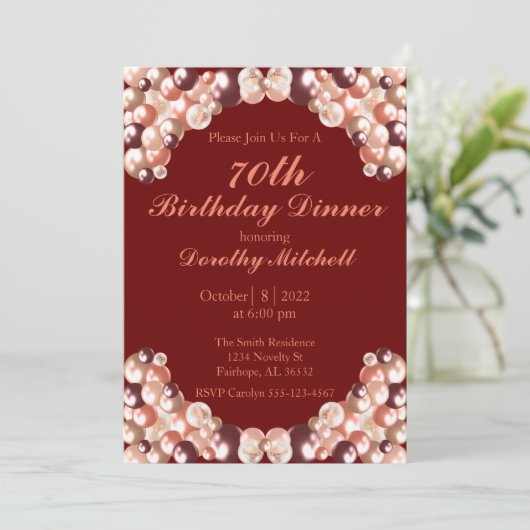 Burgundy Roos Gold Balloon 70e verjaardag Kaart (Staand voorkant)