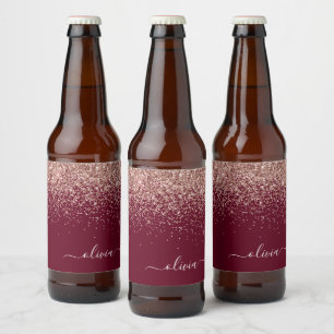 Burgundy Roos Gold Blush Pink Glitter Monogram Bier Etiket