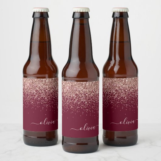 Burgundy Roos Gold Blush Pink Glitter Monogram Bier Etiket (Flessen)