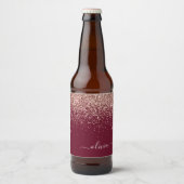 Burgundy Roos Gold Blush Pink Glitter Monogram Bier Etiket (Voorkant)