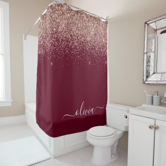 Burgundy Roos Gold Blush Pink Glitter Monogram Douchegordijn (In situ)