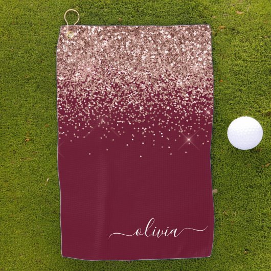 Burgundy Roos Gold Blush Pink Glitter Monogram Golfhanddoek