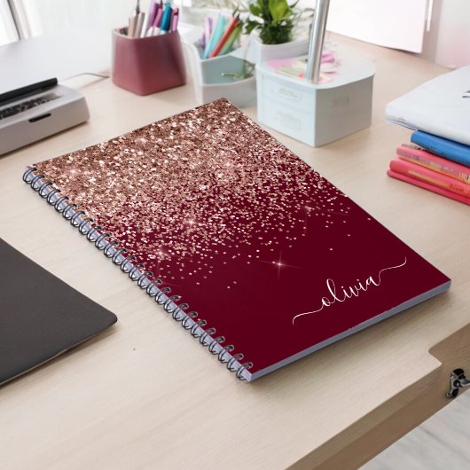 Burgundy Roos Gold Blush Pink Glitter Monogram Notitieboek