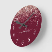 Burgundy Roos Gold Blush Pink Glitter Monogram Ronde Klok (Hoek)