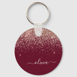 Burgundy Roos Gold Blush Pink Glitter Monogram Sleutelhanger