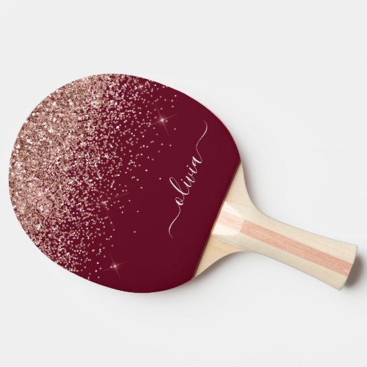 Burgundy Roos Gold Blush Pink Glitter Monogram Tafeltennisbatje (Zijkant)