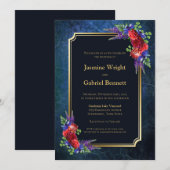 Burgundy Roos Gold Border Navy Blue Weddenschap Kaart (Voorkant / Achterkant)
