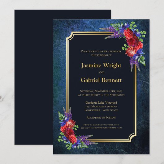 Burgundy Roos Gold Border Navy Blue Weddenschap Kaart (Voorkant / Achterkant)