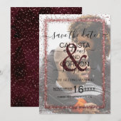 Burgundy Roos Gold Confetti Foto Weddenschap Save The Date (Voorkant / Achterkant)