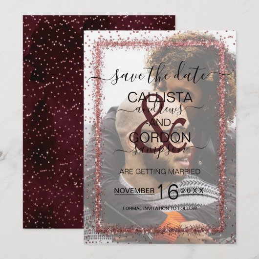 Burgundy Roos Gold Confetti Foto Weddenschap Save The Date (Voorkant / Achterkant)