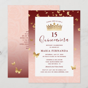 Burgundy Roos Gold Crown Elegant Quinceanera Kaart