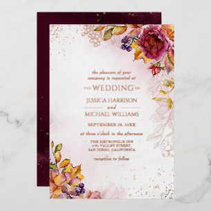 Burgundy Roos Gold Floral Colorful Fall Wedding Folie Uitnodiging
